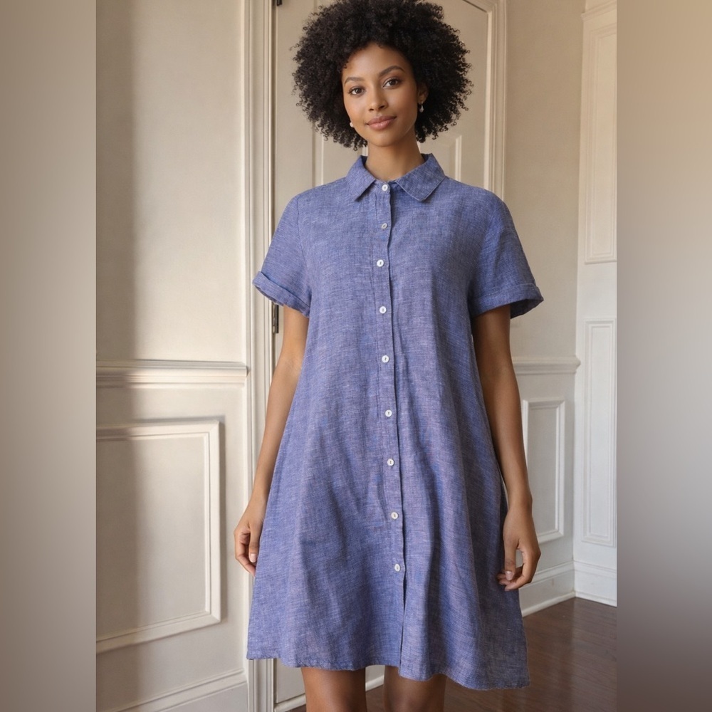 TAHARI S Blue Linen Shirt Dress Size Medium
